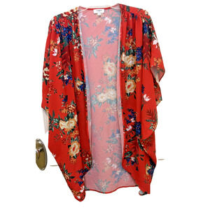 Umgee Open Front Kimono Cardigan Red Floral Boho Blue M / L